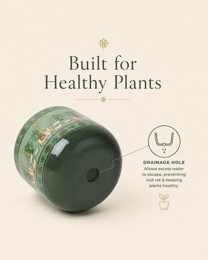Hand Painted Pichwai Cow Motif Terracotta Plant Pot (Green)