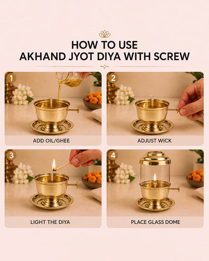 100% Pure Brass Akhand Jyot Diya with Adjustable Bati Knob with Glass Cover
