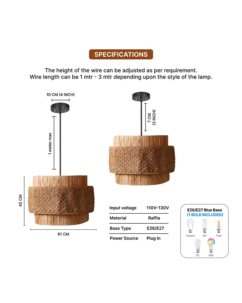 Raffia Drum Pendant Lamp for Living Room Bedroom & Boho Home Decor