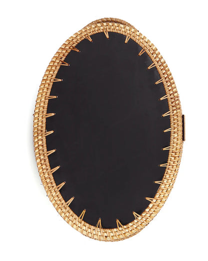 Handwoven Oval Cane Tray with Green Rangoli Mosaic for Decorative and Serving Use