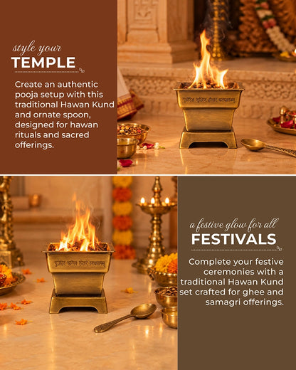 100% Pure Brass Hawan Kund with Spoon for Pooja Hawan and Home Mandir