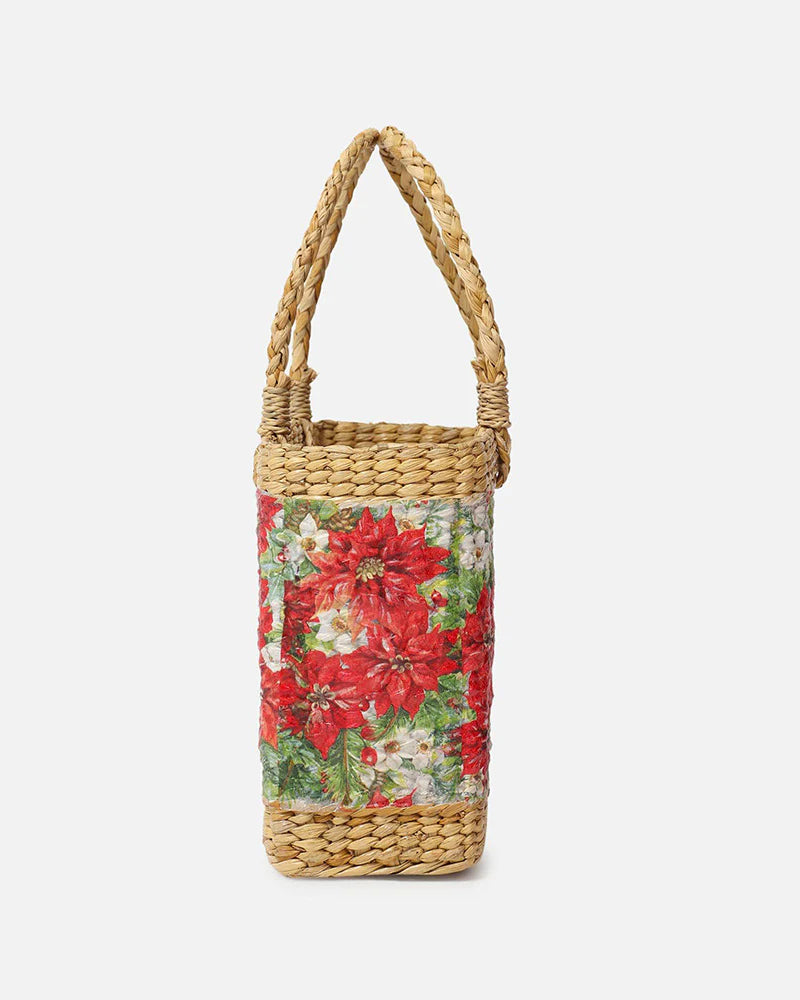 Handwoven Seagrass Shopping Basket & Tote Bag - Red Poinsettia