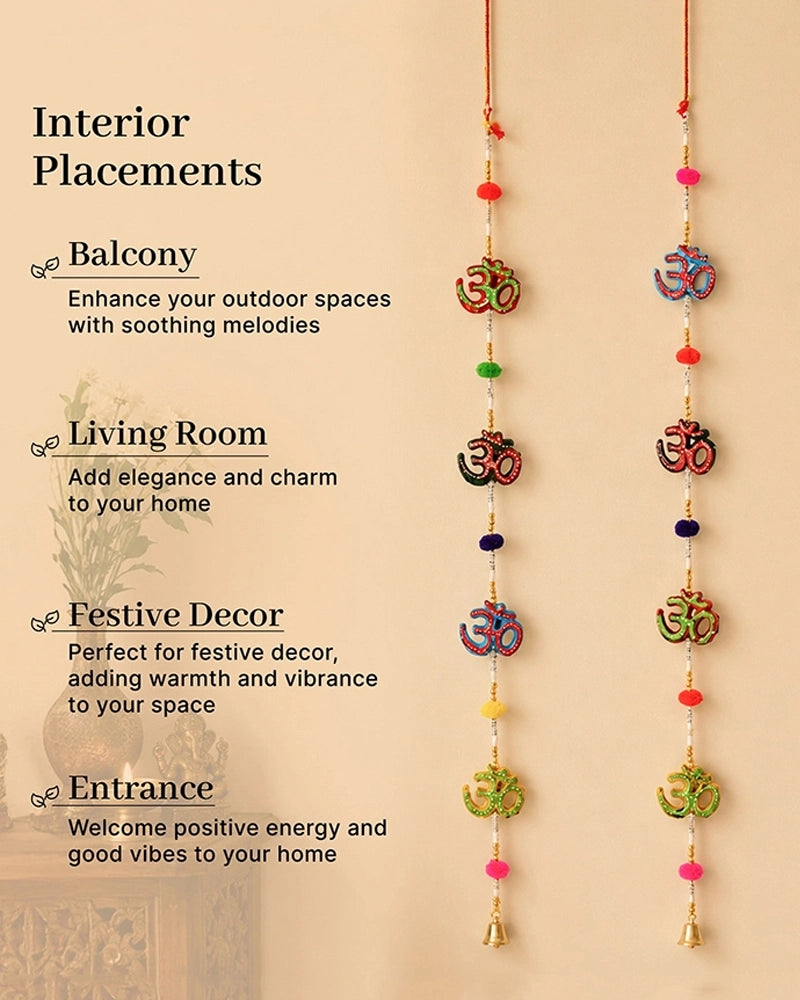 Om Symbol Wall Hanging with Pom Poms and Bells for Home Decoration