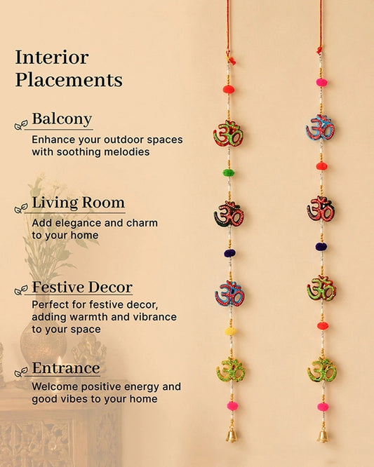 Om Symbol Wall Hanging with Pom Poms and Bells for Home Decoration