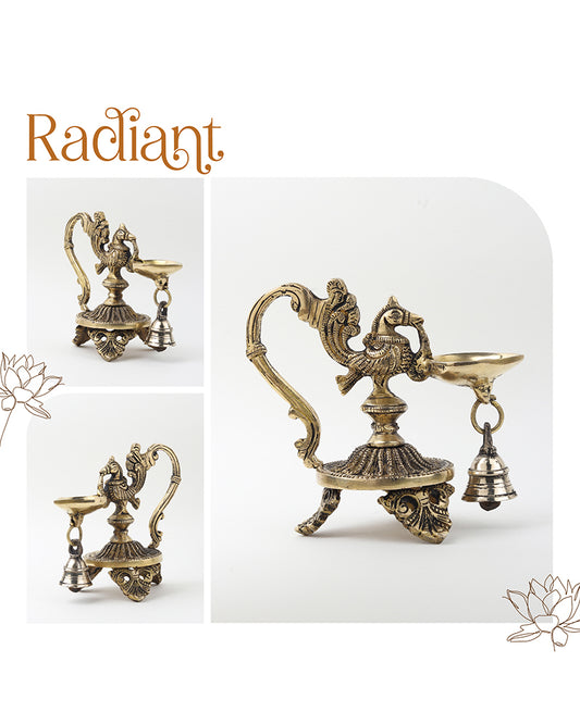 Brass Oil Lamp Peacock Diya with Bell for Pooja and Home Decor