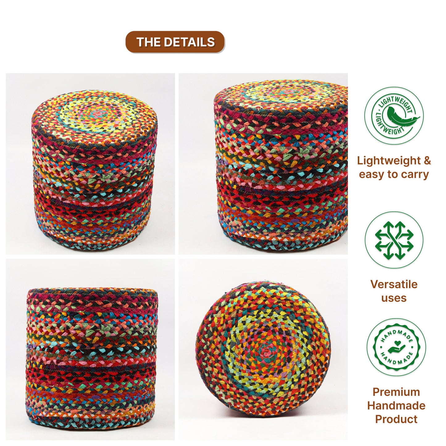 Handwoven Jute Round Pouffe in Multicolor for Living Room - Large