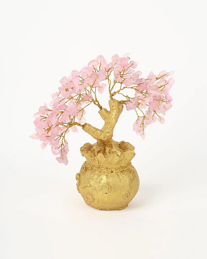 Rare Rose Quartz Crystal Tree in Gold Pot for Love & Positive Energy