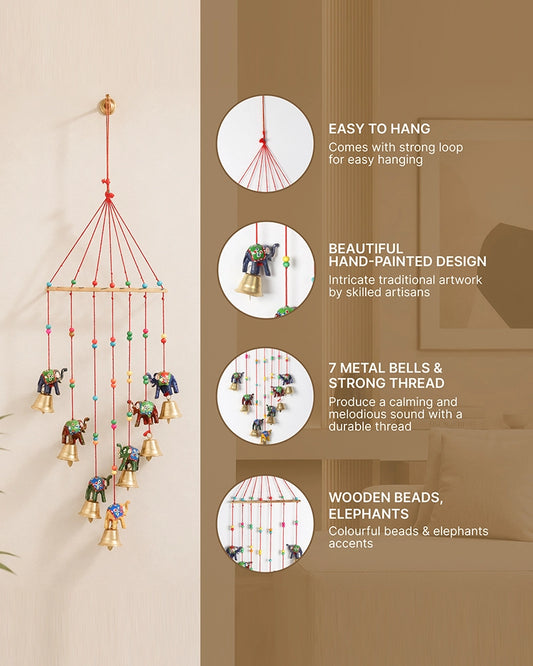Rajasthani Handmade Wind Chime with Elephant & Colorful Bells for Home Decor