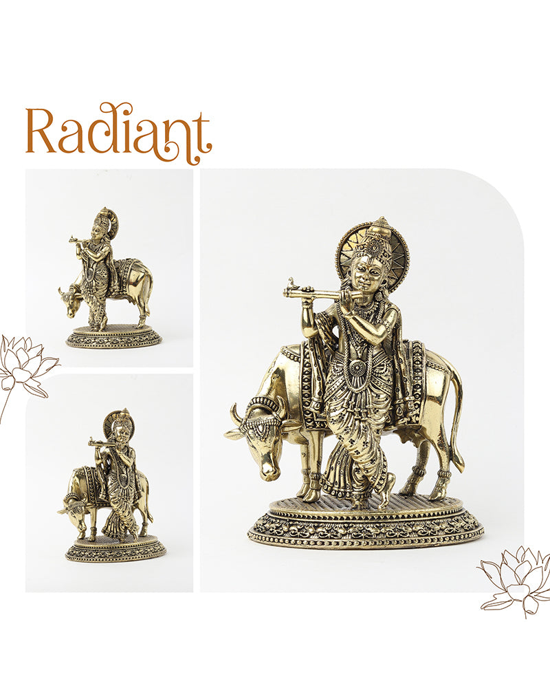 Traditional Krishna Ji Brass Idol with Cow for Festivals and Home Decoration