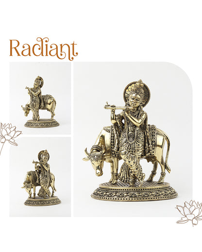 Traditional Krishna Ji Brass Idol with Cow for Festivals and Home Decoration