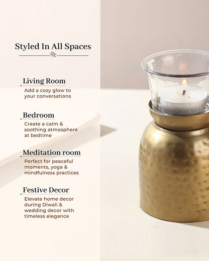 Hammered Metal Cylindrical Tea Light Holder with Glass for Home Decor