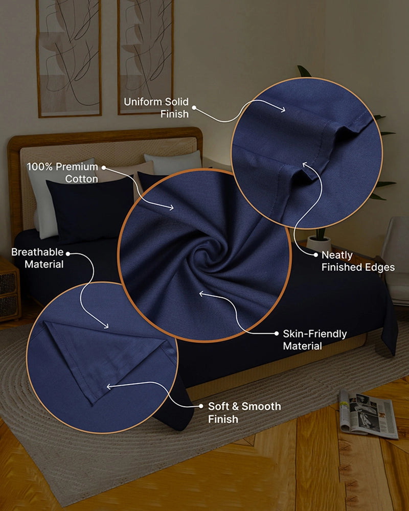 Navy Blue Premium King Size Bedsheet 300 Thread Count Cotton Double Bedsheet Set