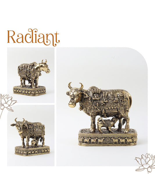 Brass Kamdhenu Cow Idol with Calf for Home Temple and Decor