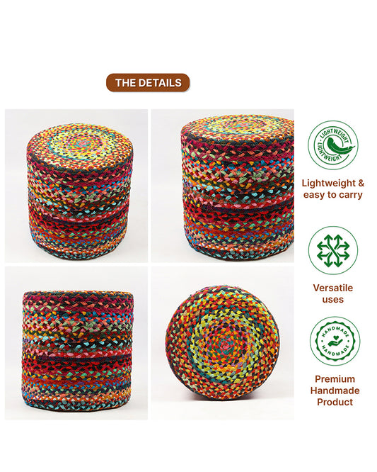 Handwoven Jute Round Pouffe in Multicolor for Living Room - Large