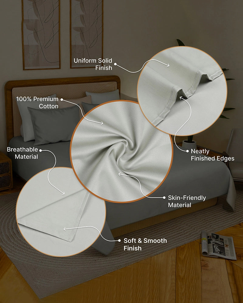 Grey King Size Cotton Bedsheet 300 Thread Count with 2 Pillow Covers