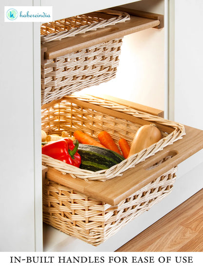 Handwoven Wicker Pull-Out Kitchen Basket with Double Partition for Organized Storage