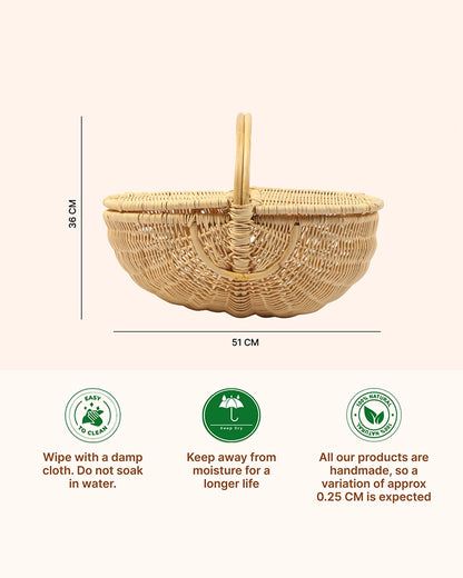Handcrafted Cane Picnic Basket with Lid for Outdoor and Travel Use