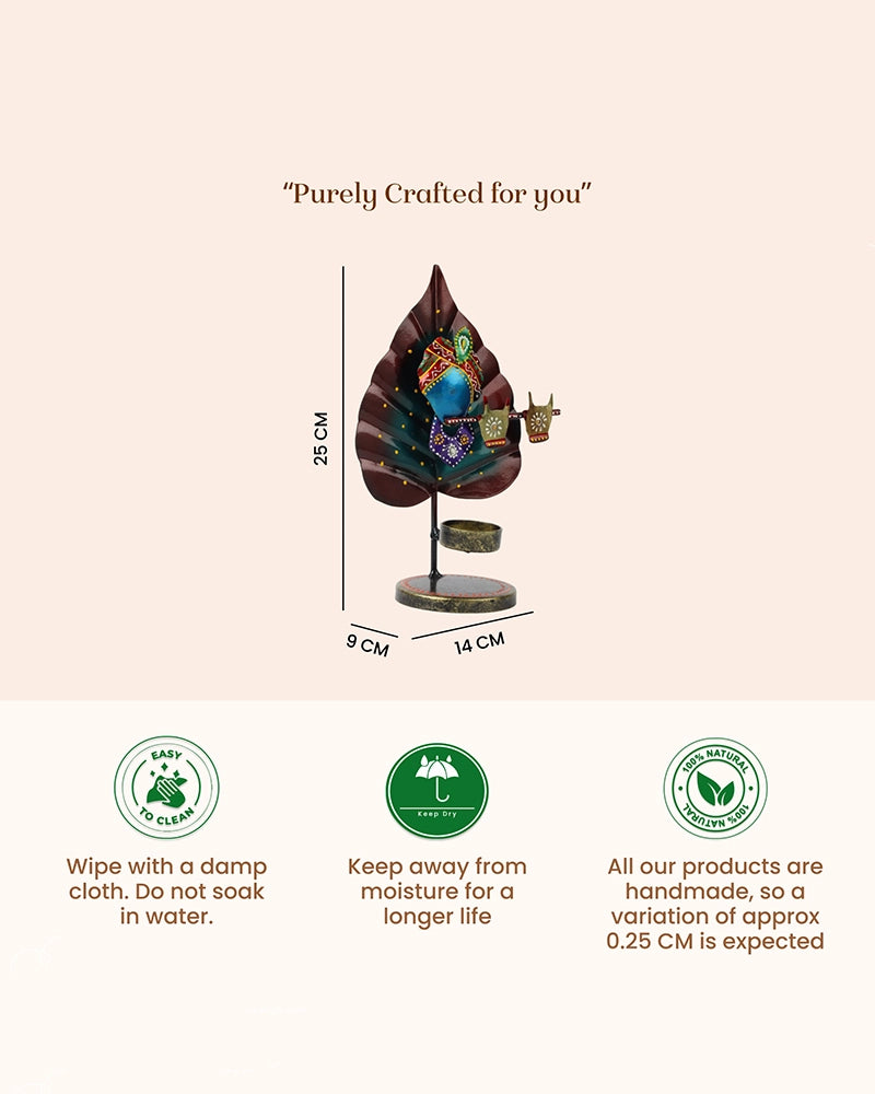Handcrafted Metal Peepal Leaf Krishna Tealight Holder Showpiece