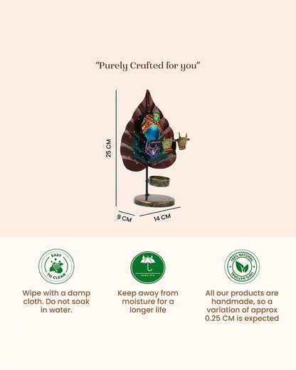 Handcrafted Metal Peepal Leaf Krishna Tealight Holder Showpiece