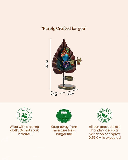 Handcrafted Metal Peepal Leaf Krishna Tealight Holder Showpiece