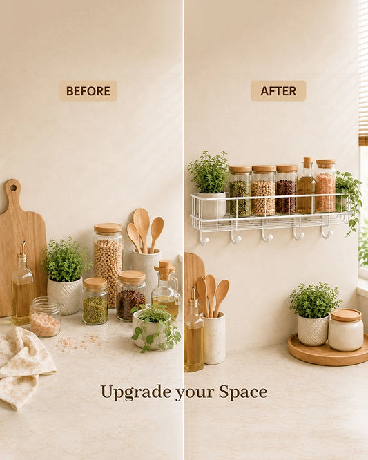 Self Adhesive Metal Wall Shelf with 4 Hanging Hooks for Bathroom Accessories