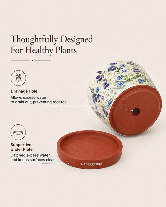 Floral Print Terracotta Planter with Under Plate (Multicolour)