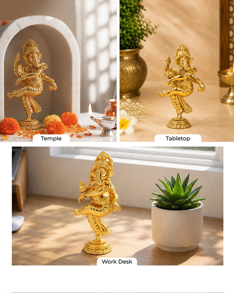 Handcrafted Dancing Brass Ganesha Idol (Gold)