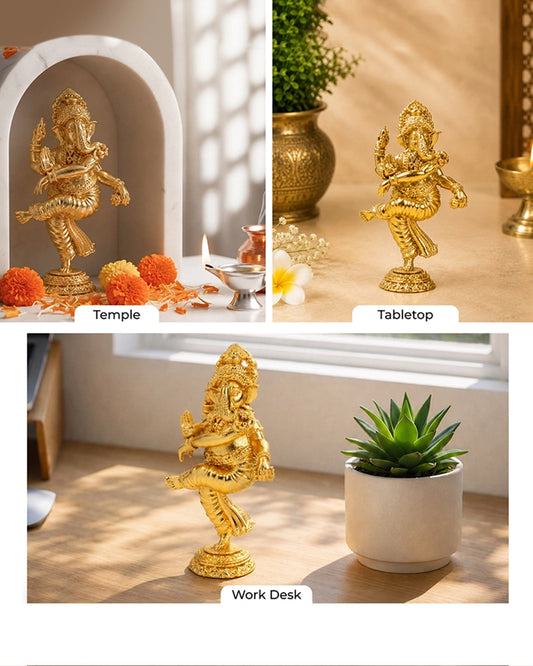 Handcrafted Dancing Brass Ganesha Idol (Gold)