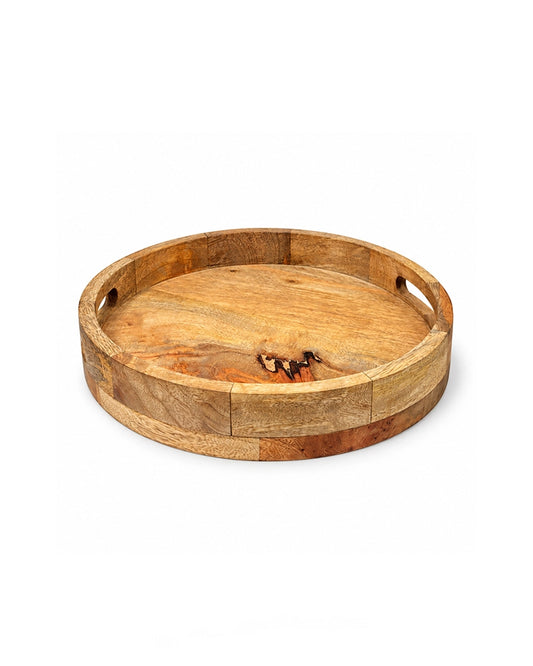 Round Wooden Serving Tray with Handles for Home Dining and Kitchen