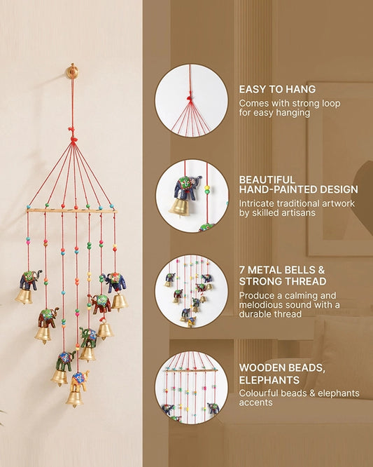 Rajasthani Handmade Wind Chime with Elephant & Colorful Bells for Home Decor