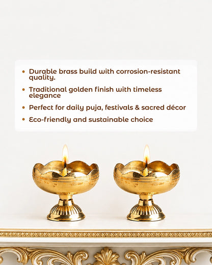 Traditional Brass Diya Set of 2 Pooja Room Decor (Gold)