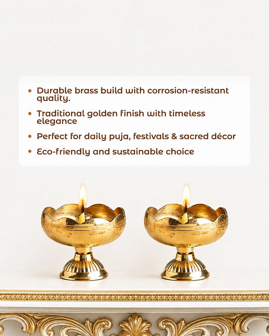 Traditional Brass Diya Set of 2 Pooja Room Decor (Gold)