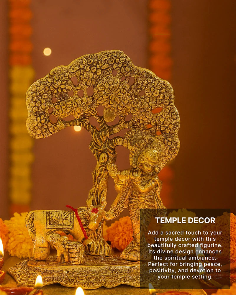 Krishna Idol with Cow and Calf Under Tree, Flute-Playing Lord Krishna Statue for Home Decor
