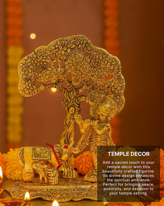 Krishna Idol with Cow and Calf Under Tree, Flute-Playing Lord Krishna Statue for Home Decor