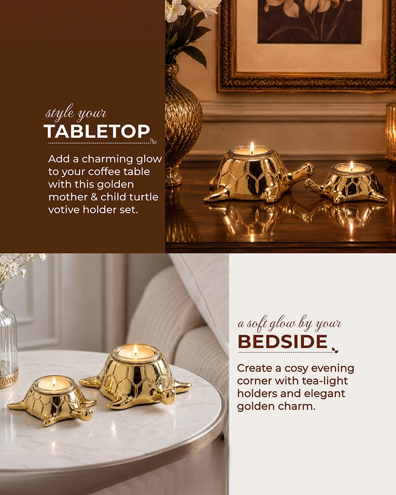 Golden Tortoise Votive Candle Holder for Tabletop & Home Décor, Set of 2