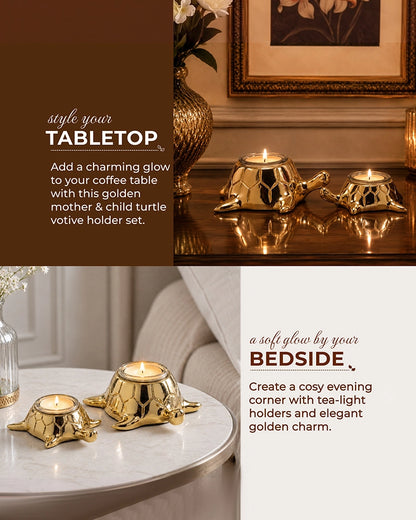 Golden Tortoise Votive Candle Holder for Tabletop & Home Décor, Set of 2