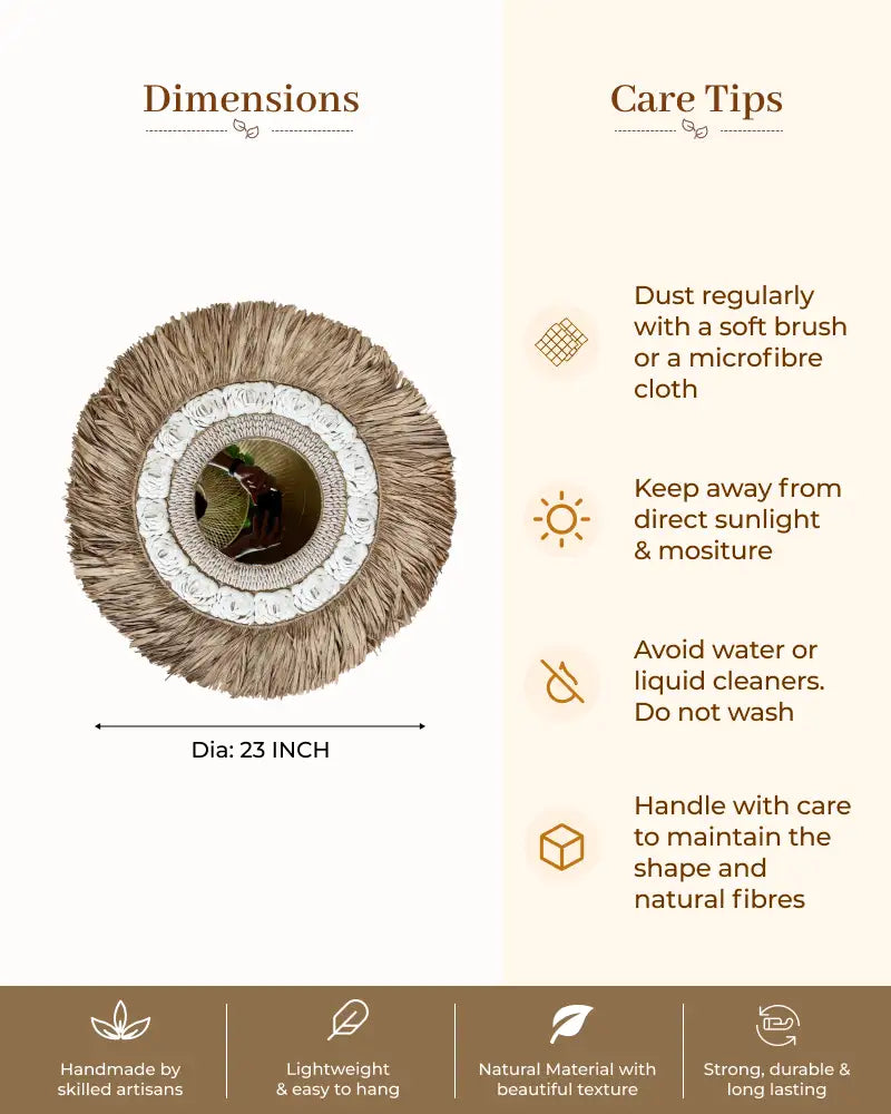 Eco Friendly Natural Raffia and Shell Boho Wall Mirror