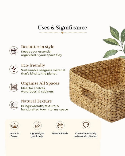 Multipurpose Seagrass Shelf Basket for Wardrobe Clothes and Home Storage