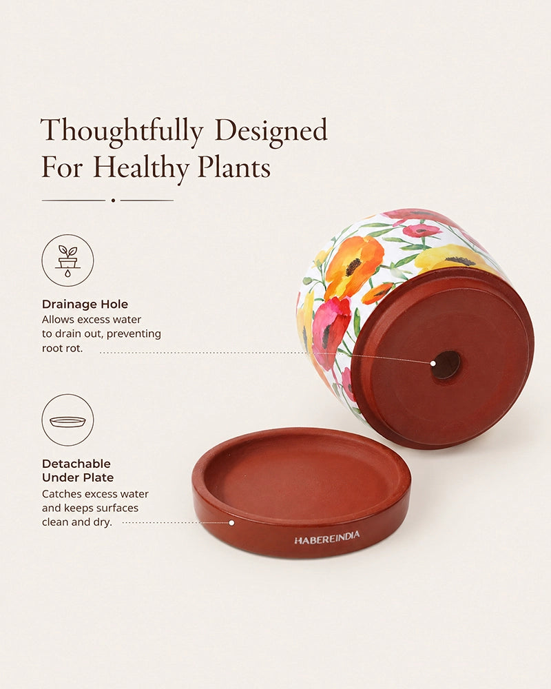 Poppy Floral Print Terracotta Planter with Under Plate (Multicolour)