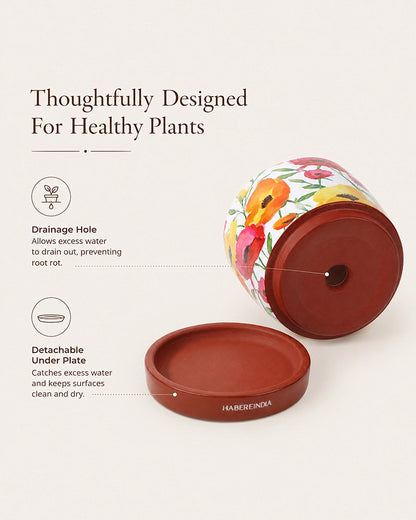 Poppy Floral Print Terracotta Planter with Under Plate (Multicolour)
