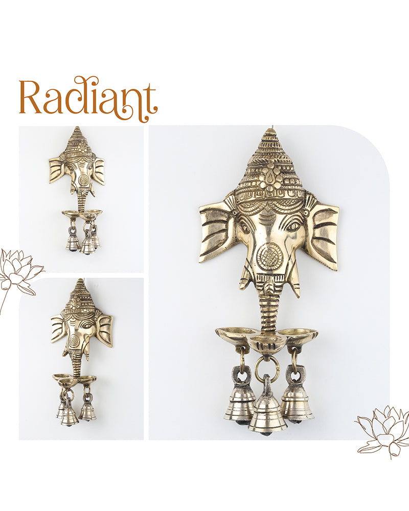Ganesha Brass Wall Decor with Hanging Diyas and Bells for Mandir and Home