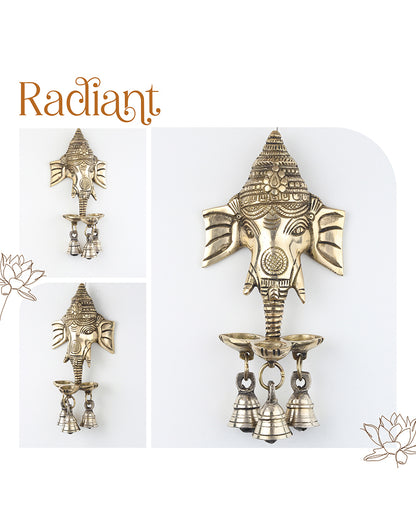 Ganesha Brass Wall Decor with Hanging Diyas and Bells for Mandir and Home