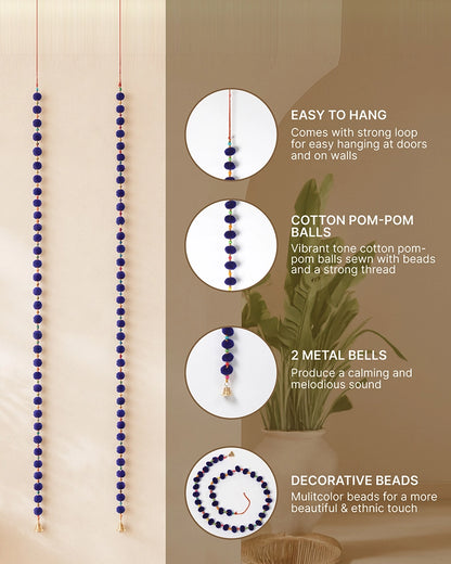 Handcrafted Blue Pom Pom Wall Hanging with Colorful Beads Set of 2