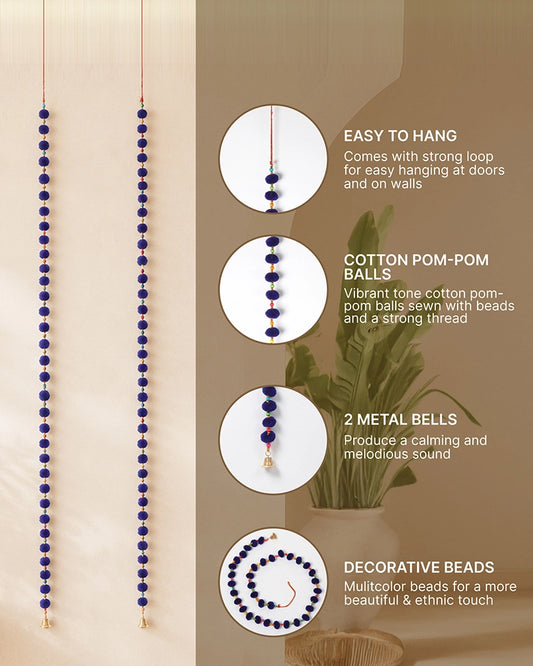 Handcrafted Blue Pom Pom Wall Hanging with Colorful Beads Set of 2