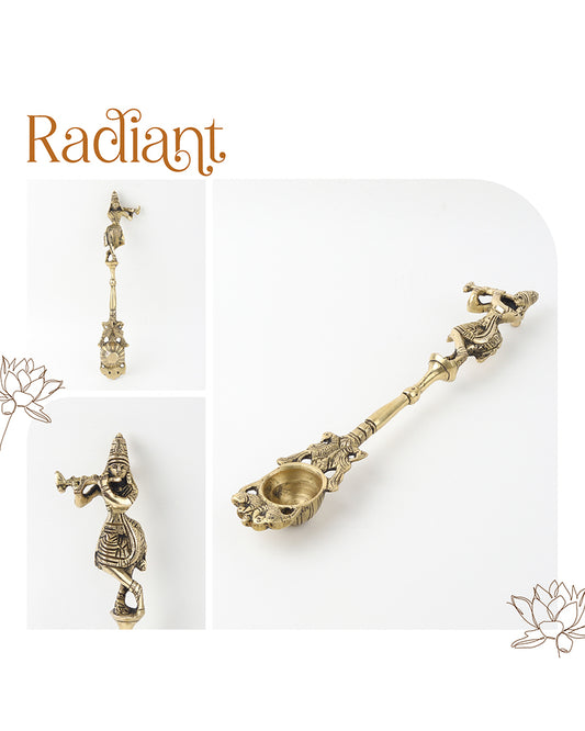 Brass Ritual Spoon with Lord Krishna Idol for Pooja Use