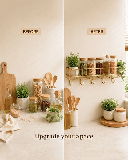 Self Adhesive Metal Wall Shelf with 4 Hanging Hooks for Bathroom Accessories