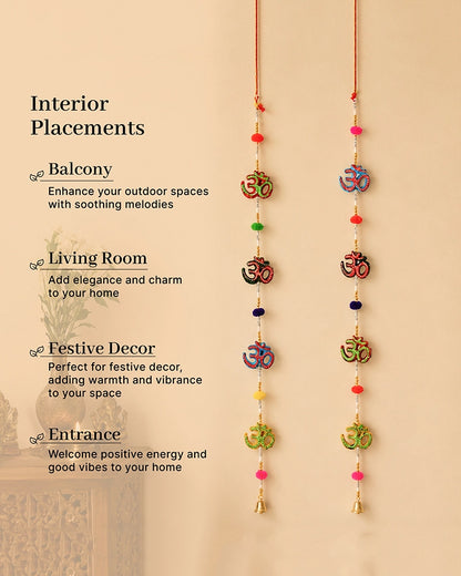 Om Symbol Wall Hanging with Pom Poms and Bells for Home Decoration