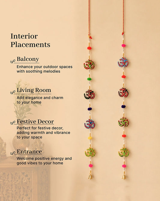 Om Symbol Wall Hanging with Pom Poms and Bells for Home Decoration