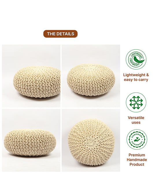 Handwoven Jute Round Pouffe in White for Living Room and Bedroom