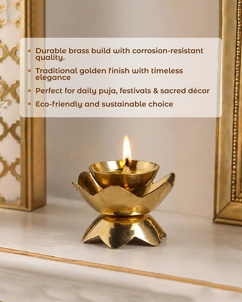 Brass Lotus Diya for Pooja Room & Home Temple Decor (Gold)